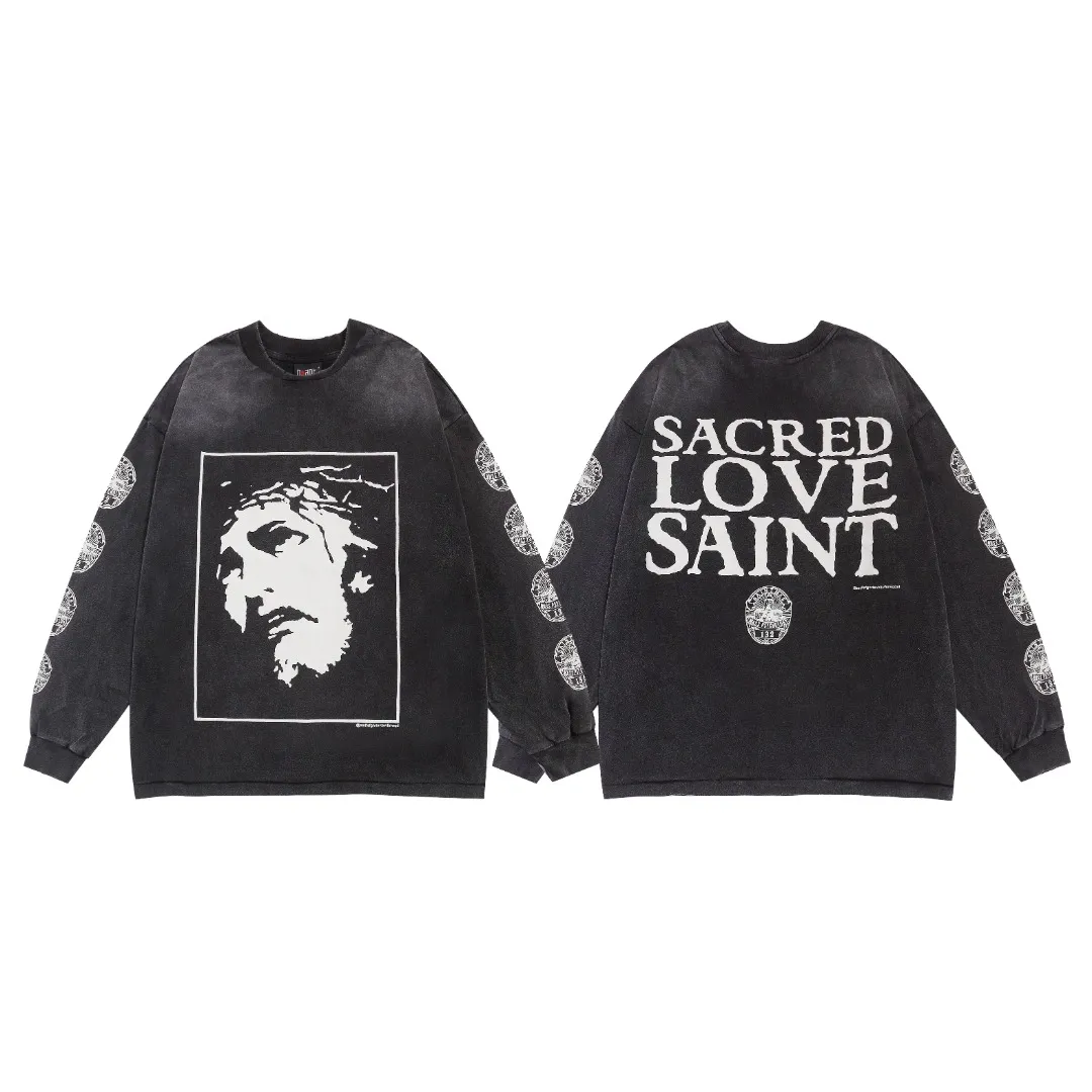 Saint Michael OF MICHAEL trendy brand portrait print distressed washed loose cotton casual heavyweight vintage long-sleeved bottoming shirt Fabric: 260g Style number: SM09 Size: S-M-L-XL Color: Black Price: P156